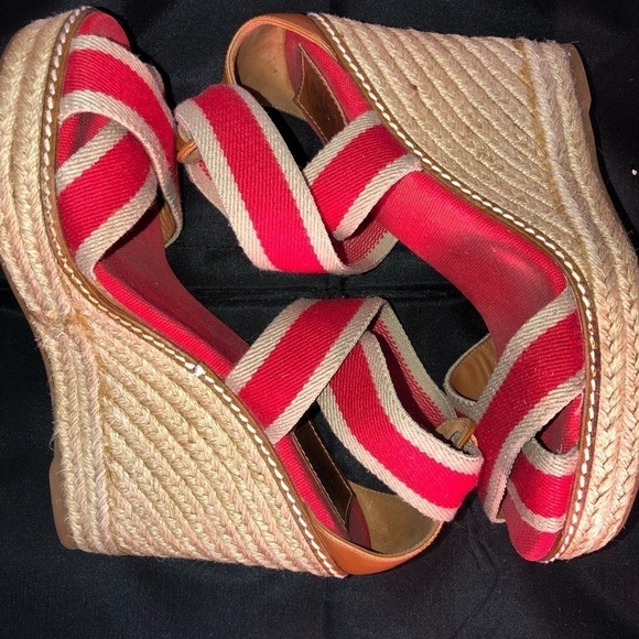 Tory Burch Adonis Red & Tan Wedge Platform Espadrilles Open Toe Size 7 - Picture 6 of 6